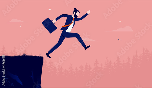 Businessman jumping in to the unknown from cliff. Business risk and leap of faith concept. Vector illustration.