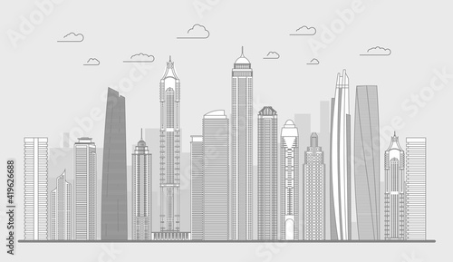 Cityscape line art building. City line illustration panorama. Skyline thin line vector illustration.