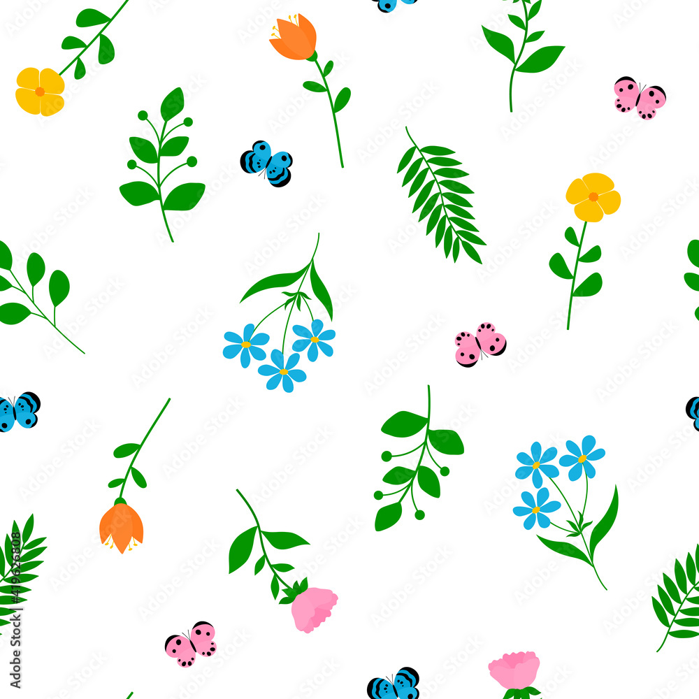 Seamless pattern spring flowers butterfly vector illustration	