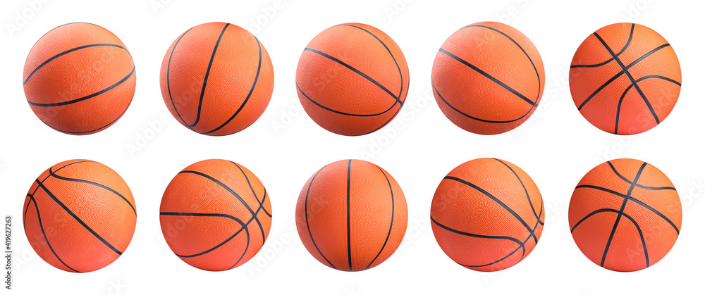Set with bright basketball balls on white background. Banner design