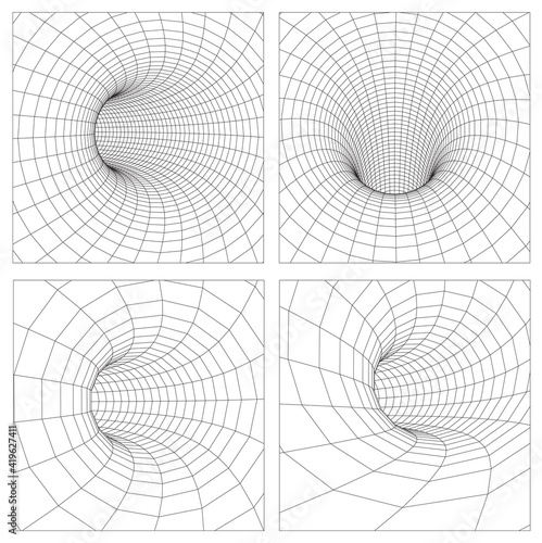 3d gravity quantum, vector wormhole illustration. Singularity abstract black hole vortex concept 3d illustration. Grid wormhole wireframe tunnel. EPS 10.