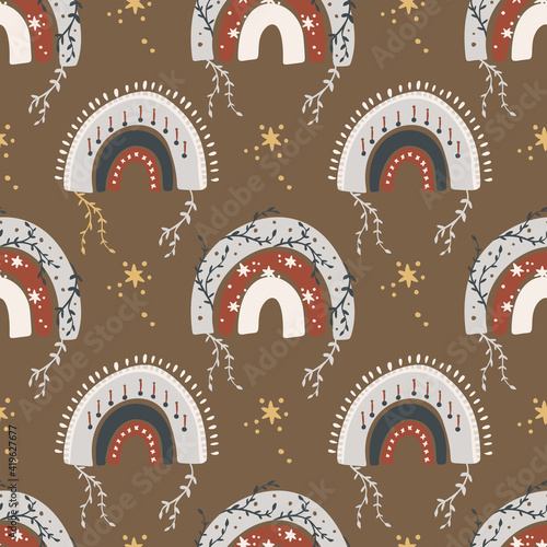 Kid rainbow child boho bohemian seamless pattern. Vector baby childish cute design. Nursery background illustration. Trendy texture cartoon print.