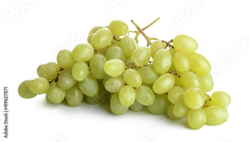 Ripe green grapes on white background