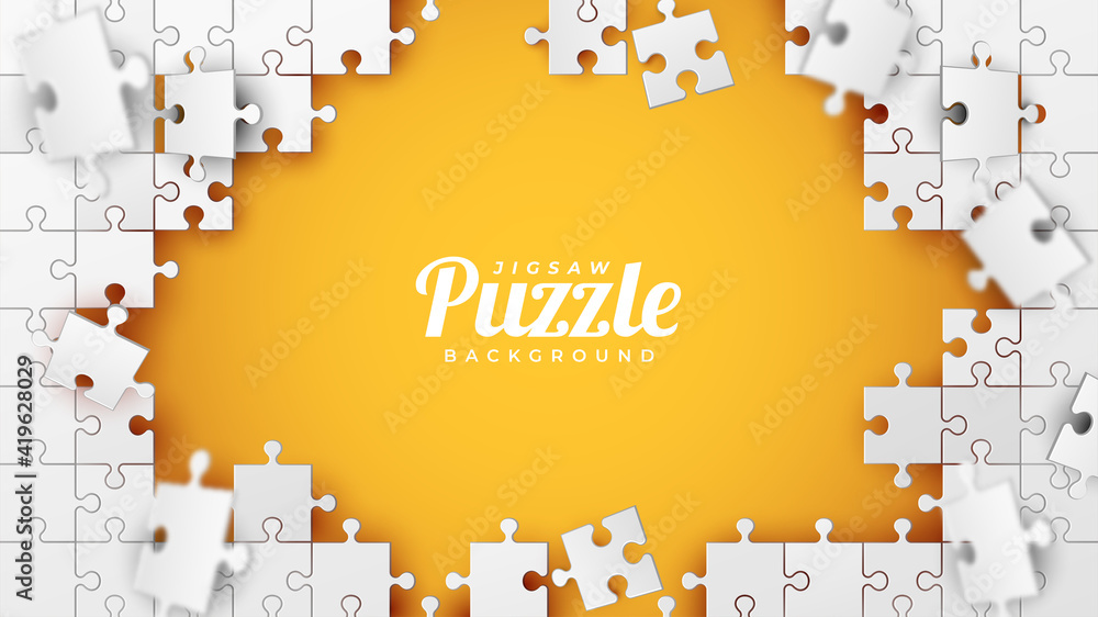 White Jigsaw Puzzle on The Orange Background - obrazy, fototapety, plakaty 