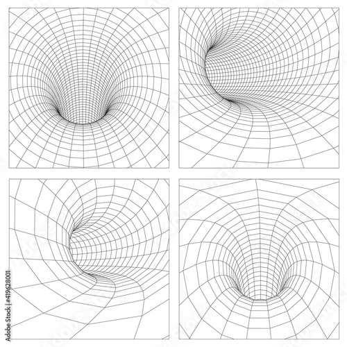 Grid wormhole wireframe tunnel. 3d gravity quantum, vector wormhole illustration. Singularity abstract black hole vortex concept 3d illustration. EPS 10.