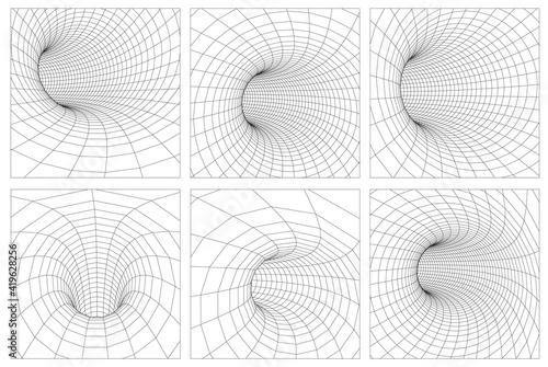 Singularity abstract black hole vortex concept 3d illustration. Grid wormhole wireframe tunnel. 3d gravity quantum, vector wormhole illustration. EPS 10.
