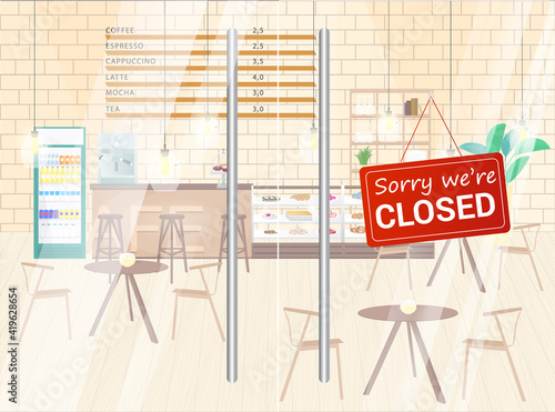 Illustration of concept about closing cafe or restaurant - food service establishments. Red signboard sorry we're closed on the glass door. Business concept. Lesion. Vector illustration. Cartoon style