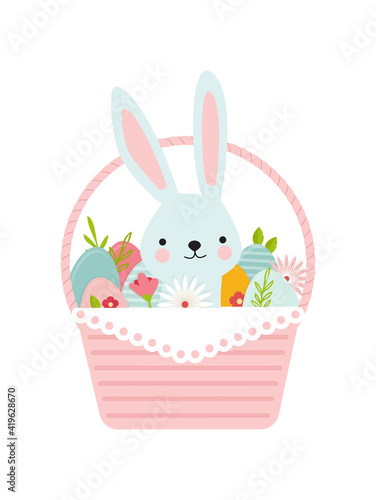 Happy Easter. Greeting card or a posters with easter basket, bunny, spring flowers and Easter egg. Egg hunt poster template. Spring background. vector illustration