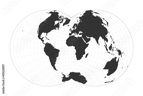 Map of the World. Nicolosi globular projection. Globe with latitude and longitude net. World map on meridians and parallels background. Vector illustration.