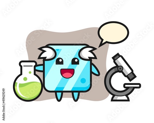 Mascot character of ice cube as a scientist