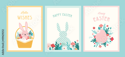 Happy Easter. Greeting cards or posters with bunny, spring flowers and Easter egg. Egg hunt poster template. Spring background. vector illustration © jennylipmic