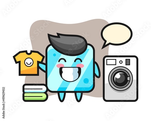 Mascot cartoon of ice cube with washing machine