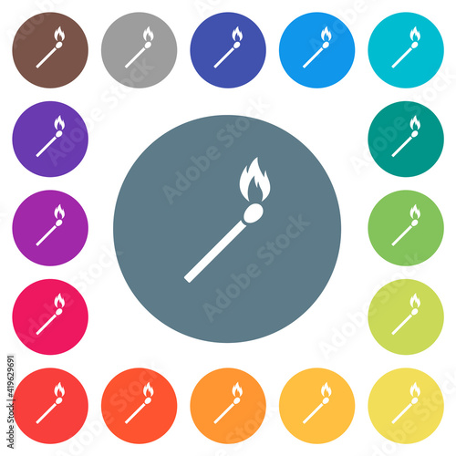 Burning matchstick flat white icons on round color backgrounds