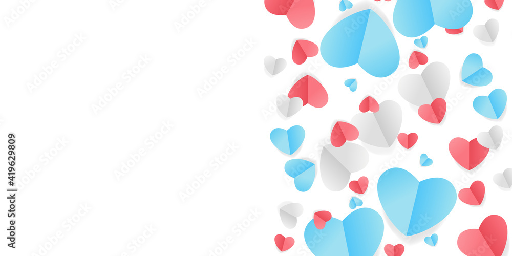 Boho bohemian art in blue, pink and white hearts with golden confetti isolated on transparent background. Vector illustration. Paper cut decorations for Valentine's day design 
