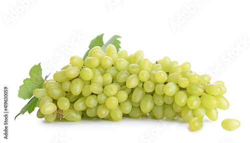 Ripe green grapes on white background