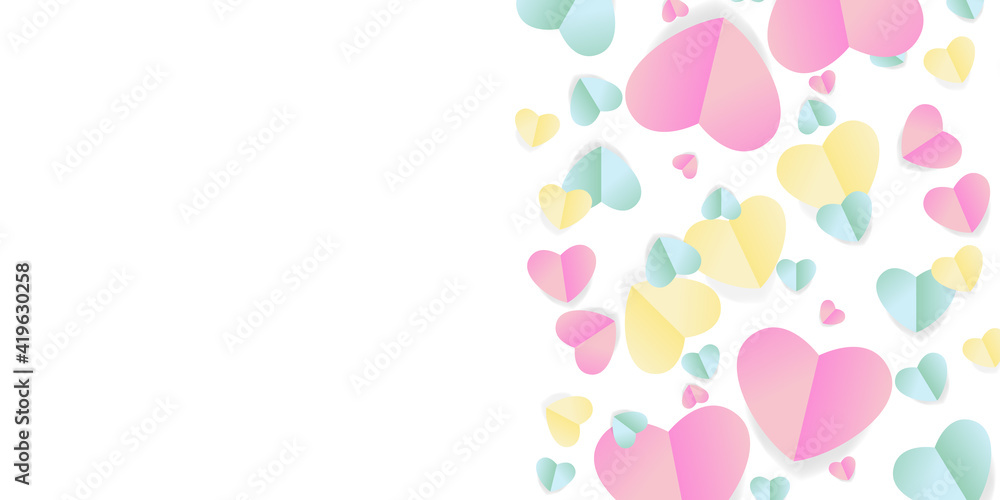 Valentine's day pink yellow green concept frame. Vector illustration. 3d red and pink paper hearts on geometric background. Cute love sale banner or greeting card 