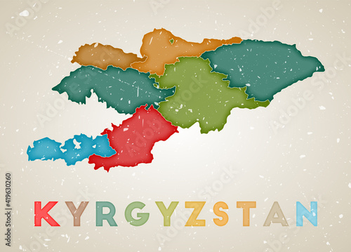 Kyrgyzstan map with colored regions and a grunge texture. Vector illustration featuring the country's name.