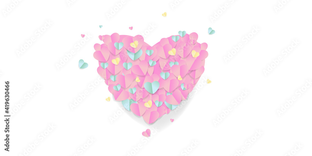Paper elements in shape of heart flying on pink background. Vector symbols of love for Happy Women's, Mother's, Valentine's Day, birthday greeting card design. 