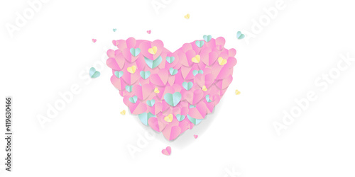 Paper elements in shape of heart flying on pink background. Vector symbols of love for Happy Women s  Mother s  Valentine s Day  birthday greeting card design. 