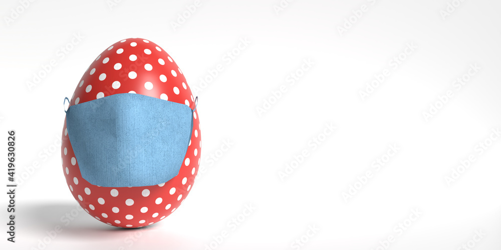 Easter 2021 with Covid-19 and coronavirus concept: 3d rendered egg wearing a surgical blue face mask. It is decorated in red with white dots. Illustrated white background with large copy space.