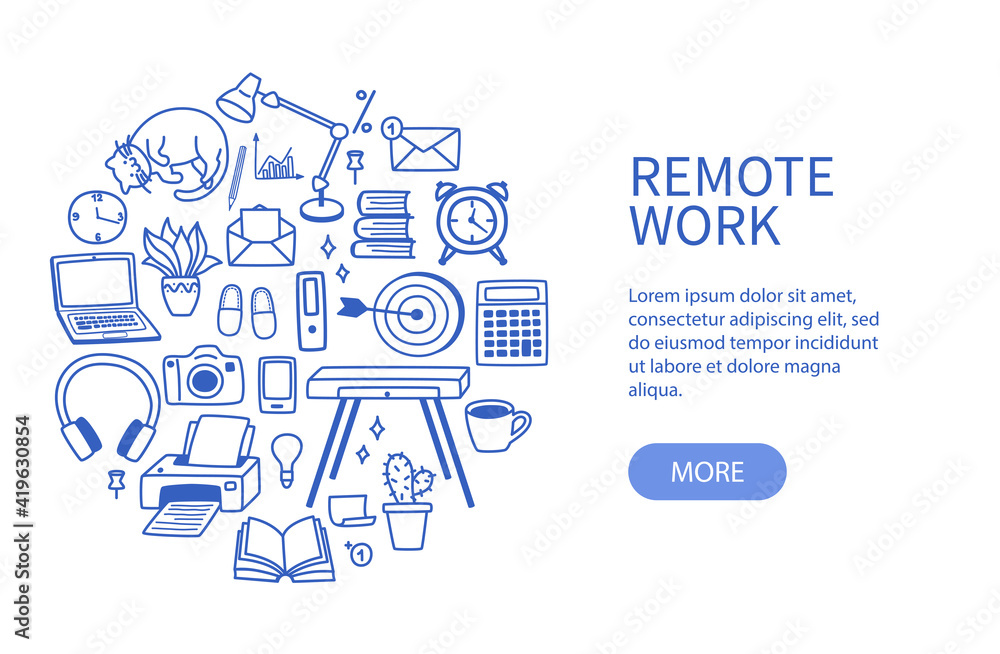 A set of contour elements - work from home, the concept of remote work and freelance in quarantine. Vector illustration in doodle style for banners and websites.