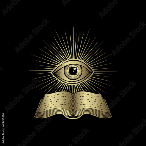 Ancient book and eye, one eye or third eye with engraving, luxury theme for tarot reader, card and poster
