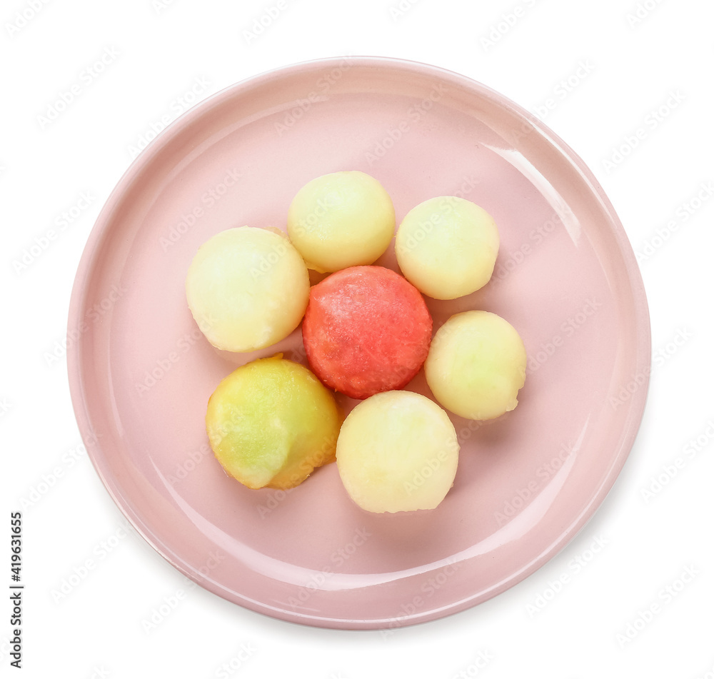 Plate with sweet fruit balls on white background Plate with sweet fruit balls on white background