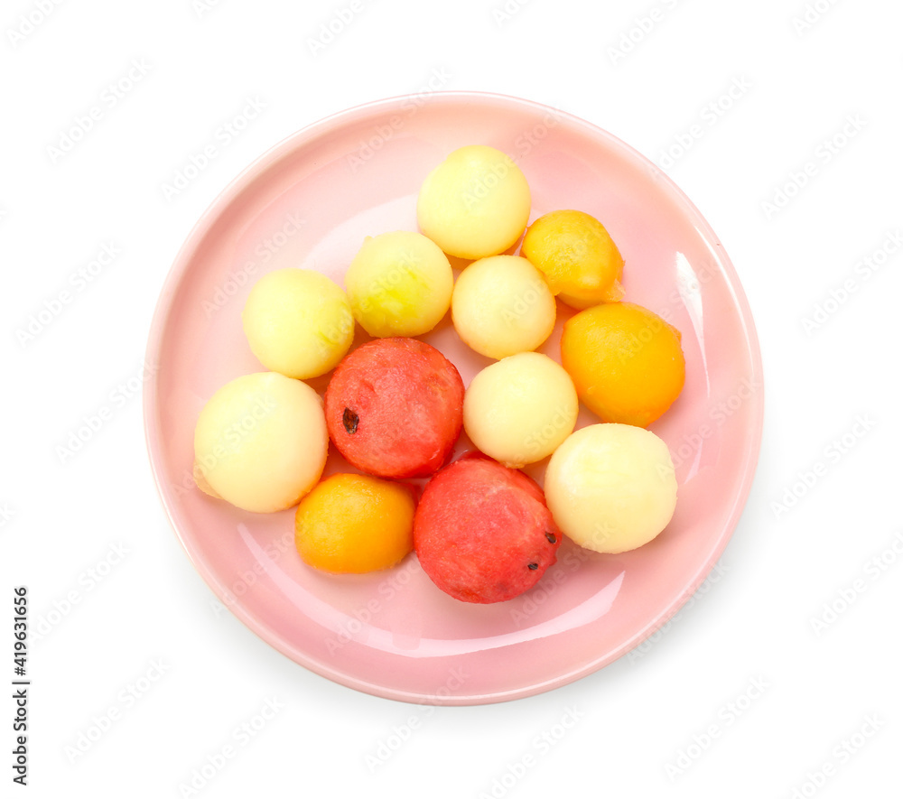 Plate with sweet fruit balls on white background Plate with sweet fruit balls on white background