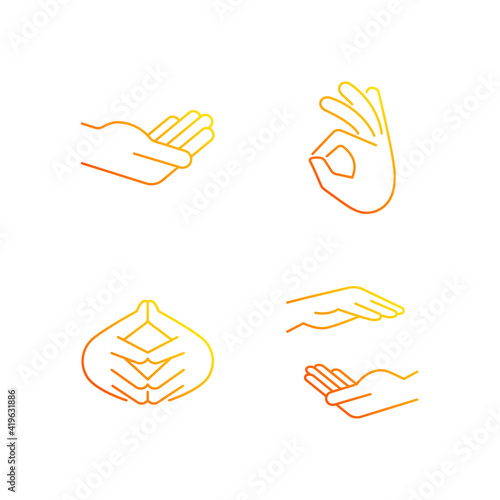 Hand gestures gradient linear vector icons set. Okay gesture. Steeple hand. Two hands holding something. Thin line contour symbols bundle. Isolated vector outline illustrations collection