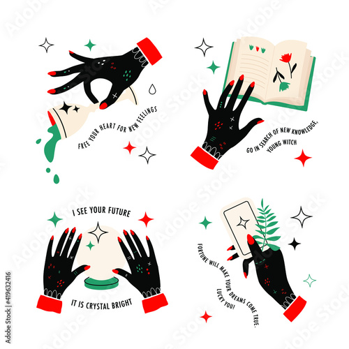Magic, esotericism, fortune telling, witch set. Halloween vector concept. Astrology and horoscopes art. Women's hands. Doodle illustration, tattoo sketch, modern creativity. Isolated on white eps 10