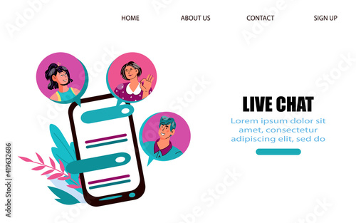 Online Chat web banner template with avatars and messages on mobile phone screen, flat cartoon vector illustration on white background. Online chat and social network web page mockup.