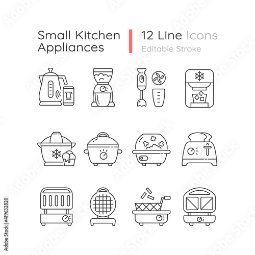 Small kitchen appliance linear icons set. Smart kettle. Coffee grinder. Slow cooker. Toaster. Customizable thin line contour symbols. Isolated vector outline illustrations. Editable stroke