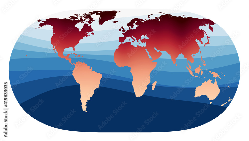 World Map Vector. Natural Earth II projection. World in red orange gradient on deep blue ocean waves. Charming vector illustration.