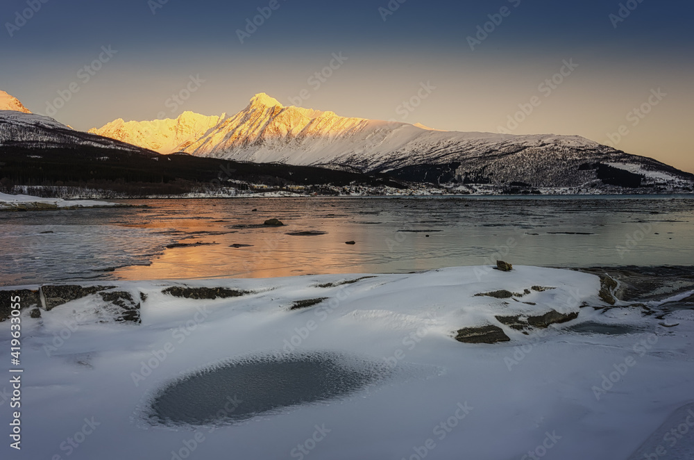 Lyngseidet Karnes mountain at sunrise in Northern Norway
