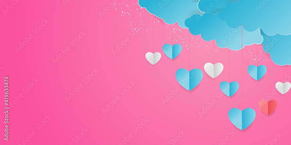 Valentine’s Day modern border frame design for Website, greeting or Sale banner, flyer, poster in paper cut style with cute flying Origami Hearts over clouds with air balloons isolated on background. 