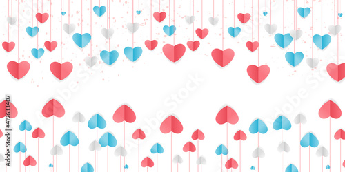 Vector of love and Happy Valentine's day. origami design elements cut paper made pink heart float up on the blue sky with white cloud. paper art and digital craft style. Happy Valentines greeting card