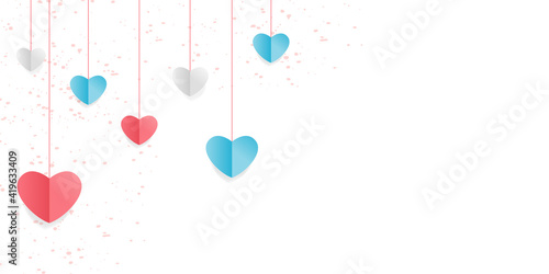 Vector of love and Happy Valentine's day. origami design elements cut paper made pink heart float up on the blue sky with white cloud. paper art and digital craft style. Happy Valentines greeting card