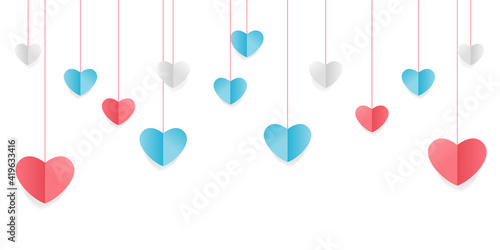 Vector of love and Happy Valentine's day. origami design elements cut paper made pink heart float up on the blue sky with white cloud. paper art and digital craft style. Happy Valentines greeting card
