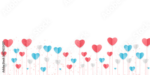 Vector of love and Happy Valentine's day. origami design elements cut paper made pink heart float up on the blue sky with white cloud. paper art and digital craft style. Happy Valentines greeting card