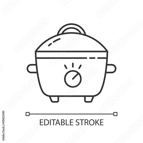Slow cooker linear icon. Porcelain crock pot. Food preparation. Small kitchen appliance. Thin line customizable illustration. Contour symbol. Vector isolated outline drawing. Editable stroke