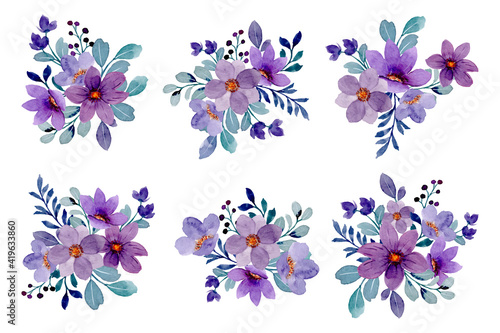 Collection of purple floral bouquet with watercolor