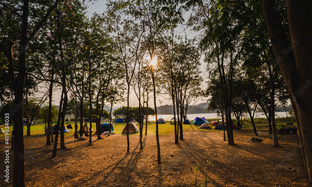 Camping tourism and tent under the tree in the morning, nature of the sunset.