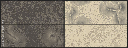 Grey contours vector topography. Geographic mountain topography vector illustration. Topographic pattern texture. Map on land vector terrain. Elevation graphic contour height lines. Vector Set.