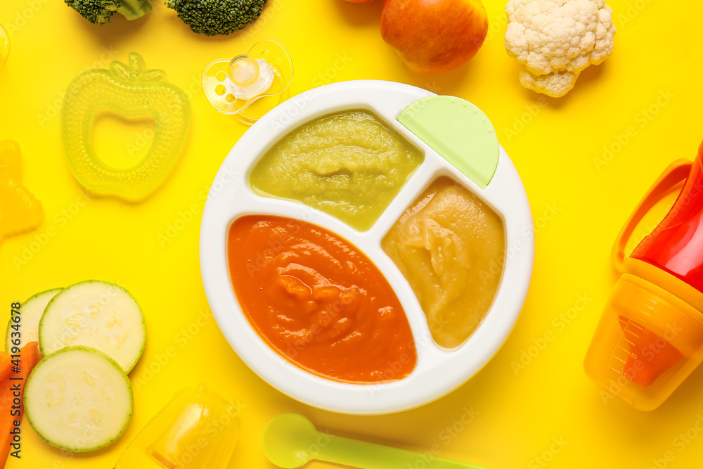 Composition with healthy baby food on color background Composition with healthy baby food on color background