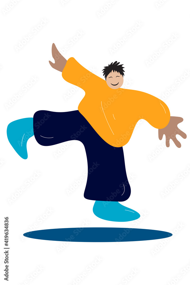 Cute disproportionate flat and simple illustration of a boy cartoon character running, smiling, skipping and hopping with hands up. Small head and huge body and hands. Minimal illustration on white. Cute disproportionate flat and simple illustration of a boy cartoon character running, smiling, skipping and hopping with hands up. Small head and huge body and hands. Minimal illustration on white.