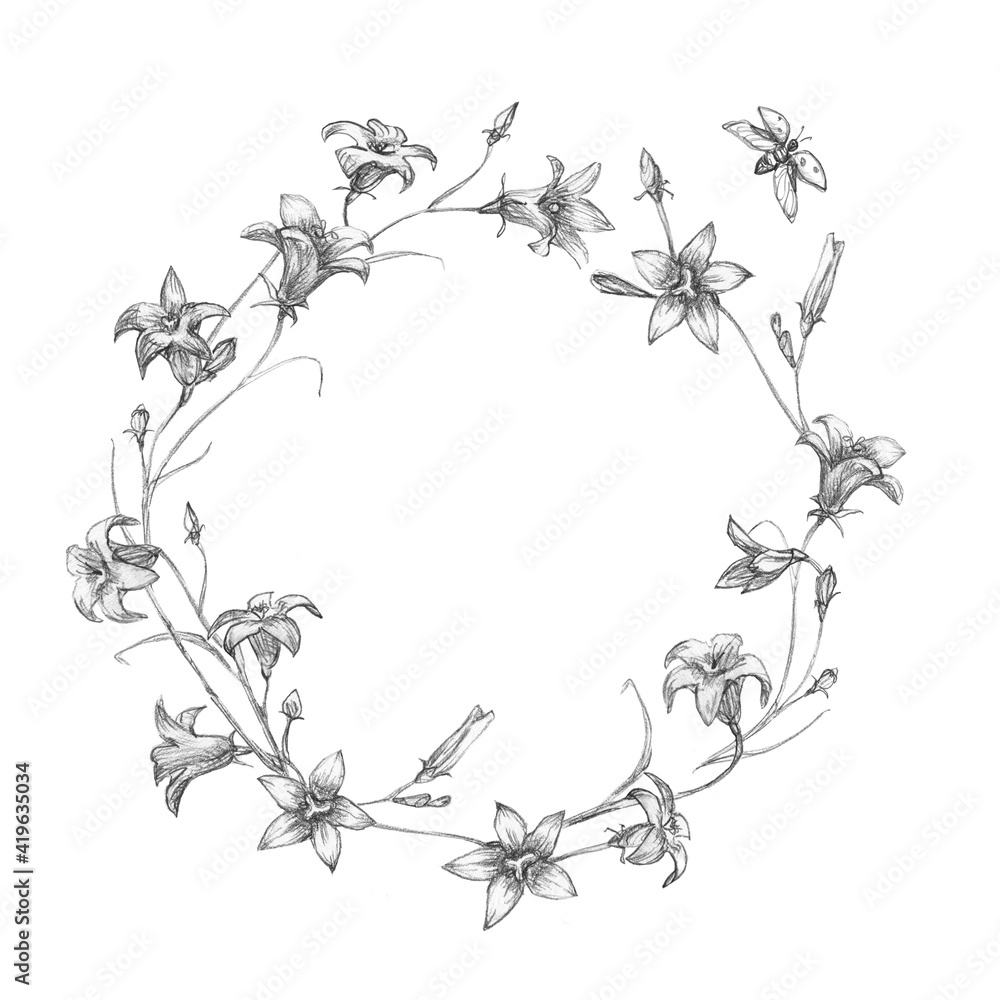 Fototapeta premium Round Frame Botanical Sketch. Floral round black and white frame of leaves and flowers. Frames for the Valentine's day, wedding decor, logo and identity template. Pencil drawing.