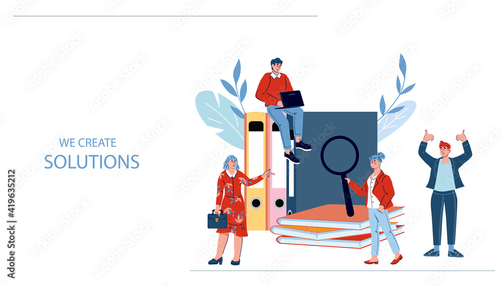 Creating business solution web banner template with cartoon people characters, flat vector illustration. Website with business team or company managers among huge files and documents folders.