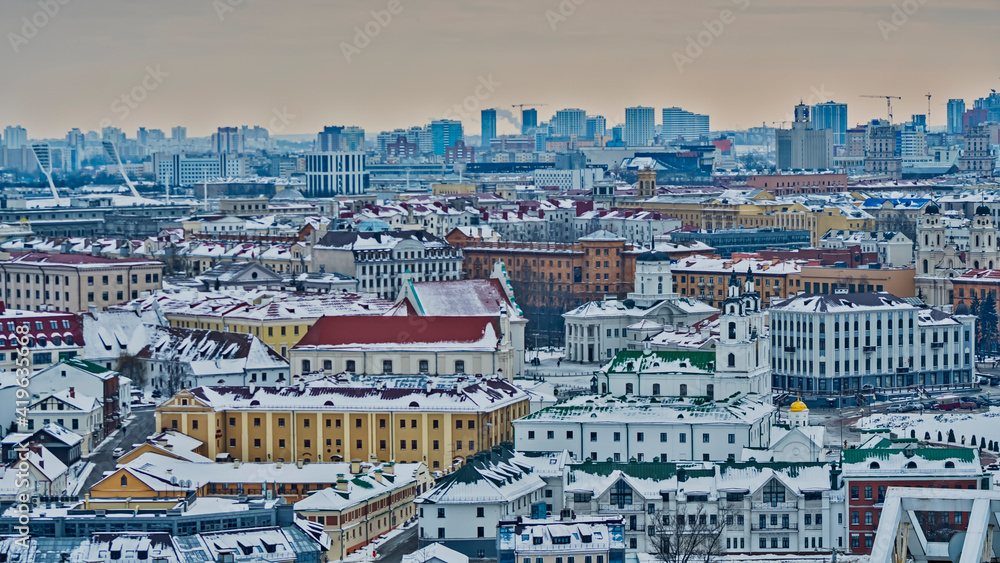 Panorama Of Cathedral Of Holy Spirit In Minsk. Panoramic view of The Main Orthodox Church Of Belarus. Travel concept.