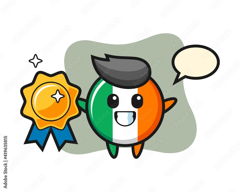 Ireland flag badge mascot illustration holding a golden badge Ireland flag badge mascot illustration holding a golden badge