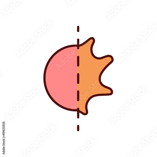 Asymmetrical skin growths RGB color icon. Cancerous moles with irregular borders. Skin cancer indicator. Melanoma. Lump, bump. Changes in skin surface. Symmetrical moles. Isolated vector illustration